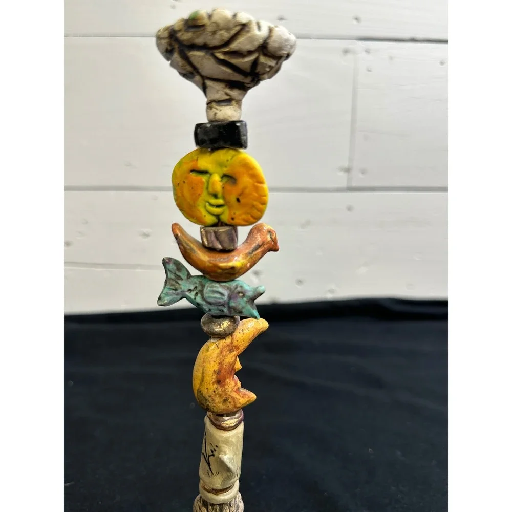 Ceramic Totem Candlestick Holder Sun Moon Bird Fish Folk Art Pottery 10in